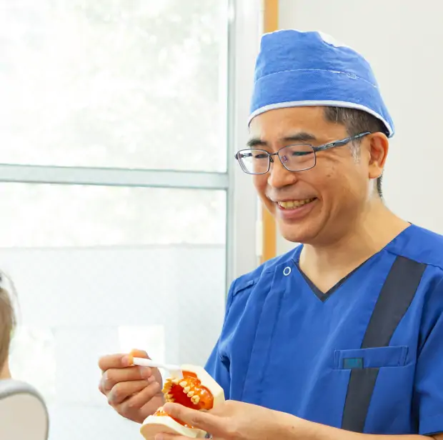 院長が歯の模型で歯磨き指導をする様子