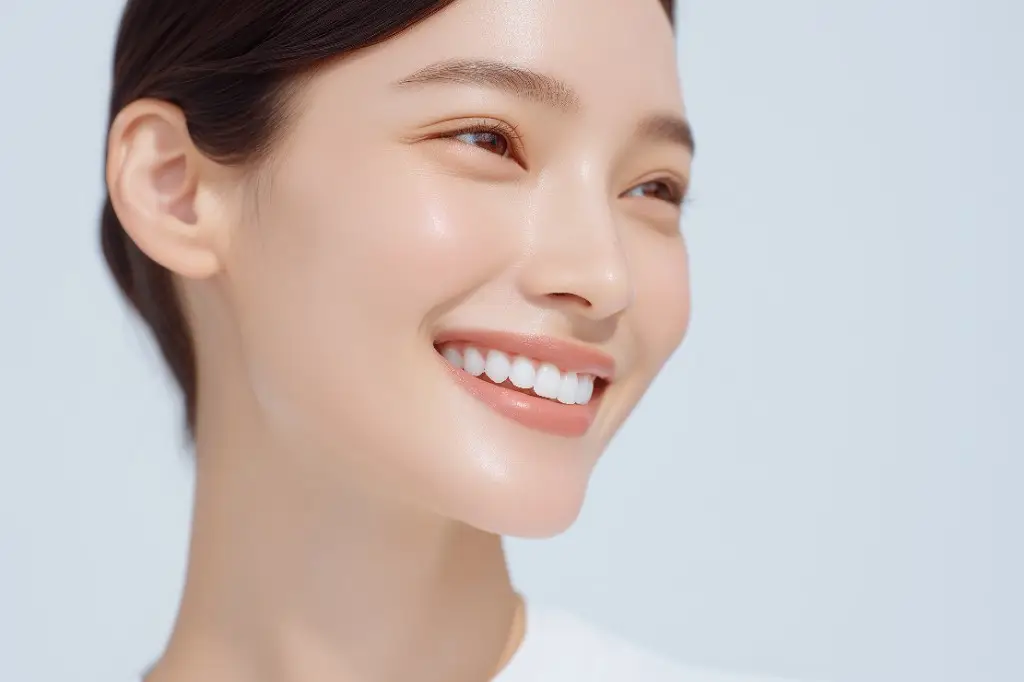 明るく白い歯で笑顔を見せる女性